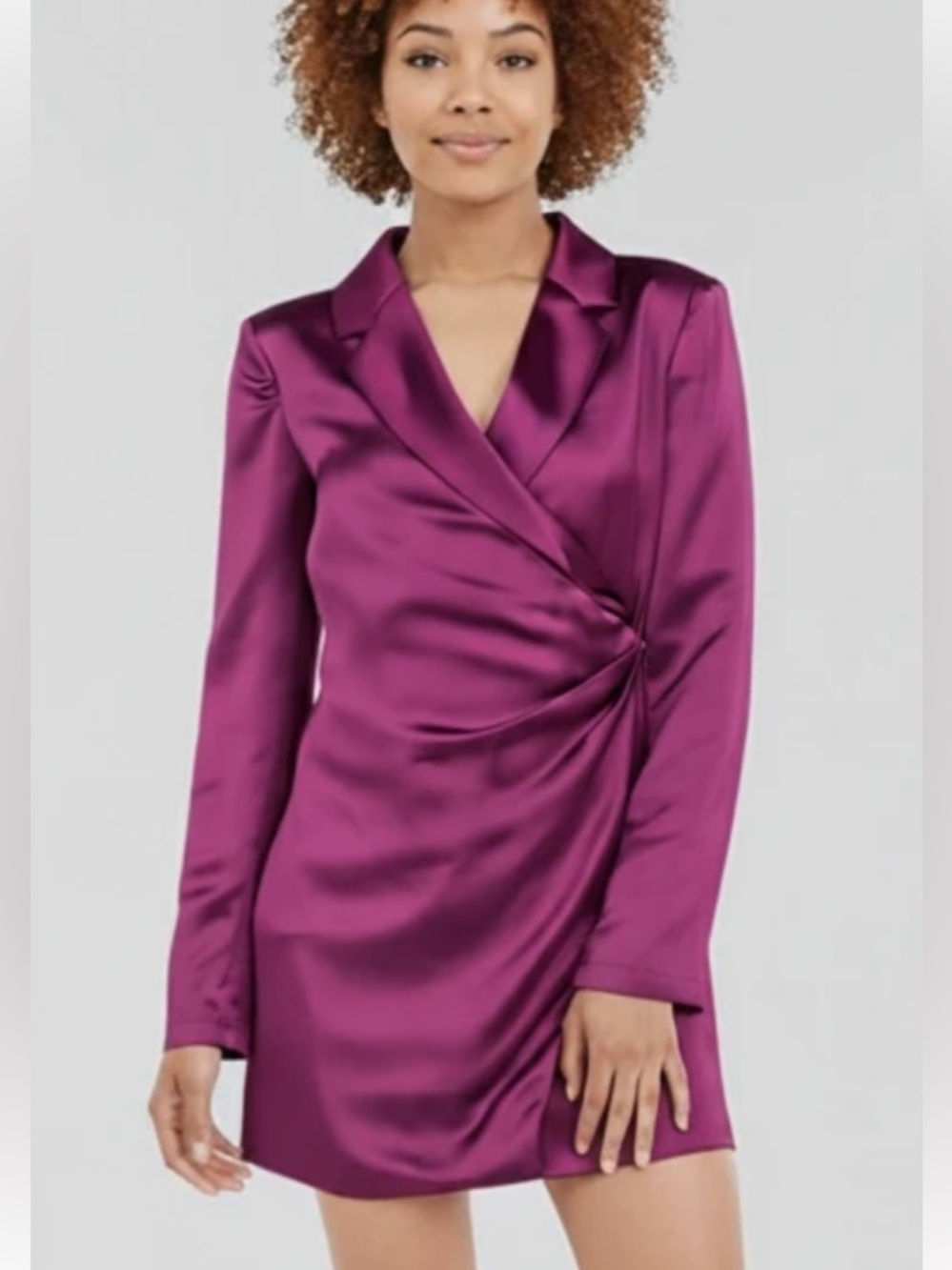 Steve Madden Satin Wrap-Front Long Sleeve Mini Dress in Magenta